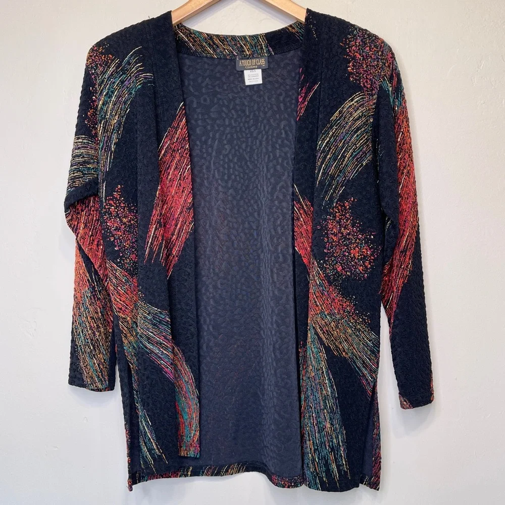 A Touch Of Class | VTG Metallic Brush Stroke Abstract Print Open Front Cardigan